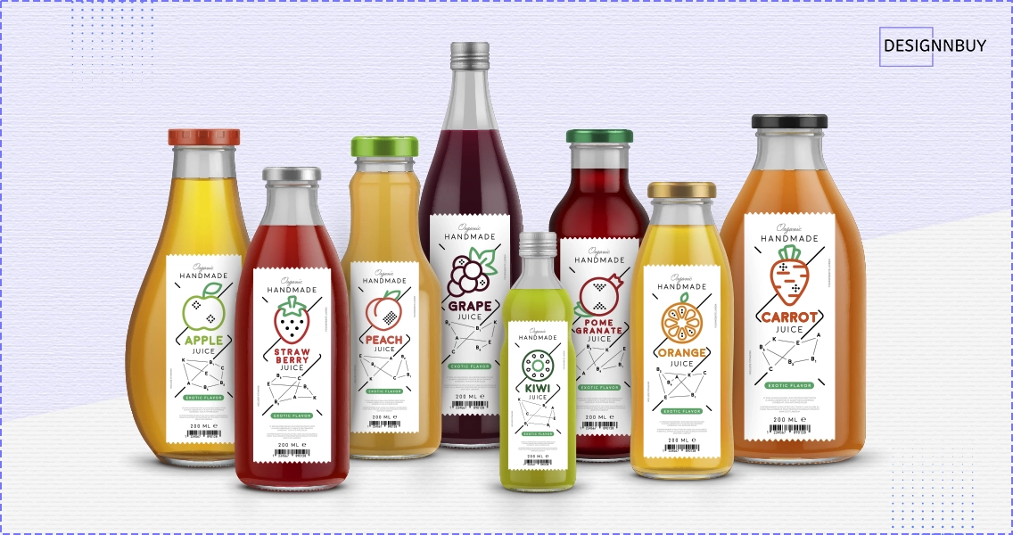 Assorted juice bottles with printed labels showing different flavors, colors, and bottle shapes