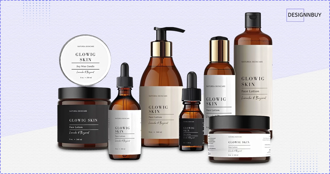 Cosmetic bottles and containers with clean, minimal labels applied to curved surfaces