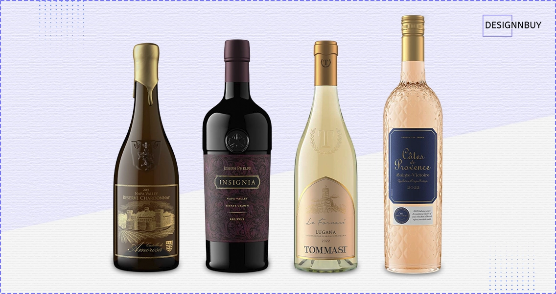 Wine bottles with premium printed labels featuring textured finishes and classic design styles