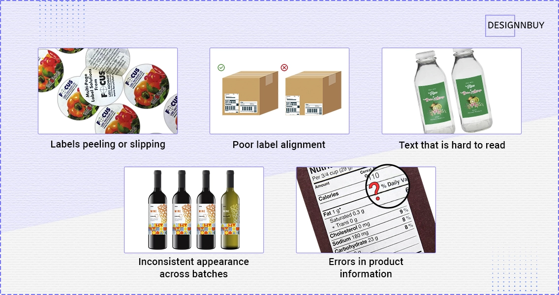 Examples showing label peeling, poor alignment, unreadable text, and errors in product information