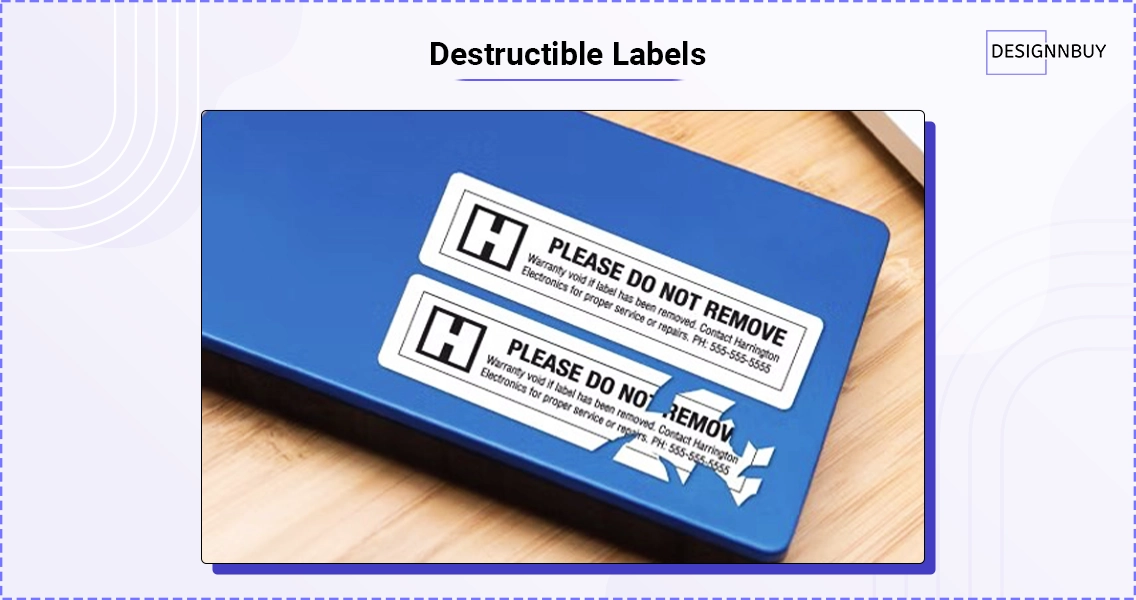 Destructible tamper evident label breaking apart when removed from electronic product packaging