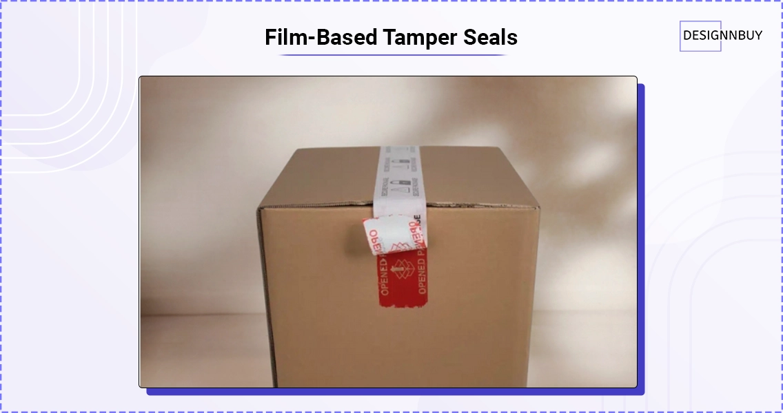 Film-based tamper evident seal applied across a cardboard box opening