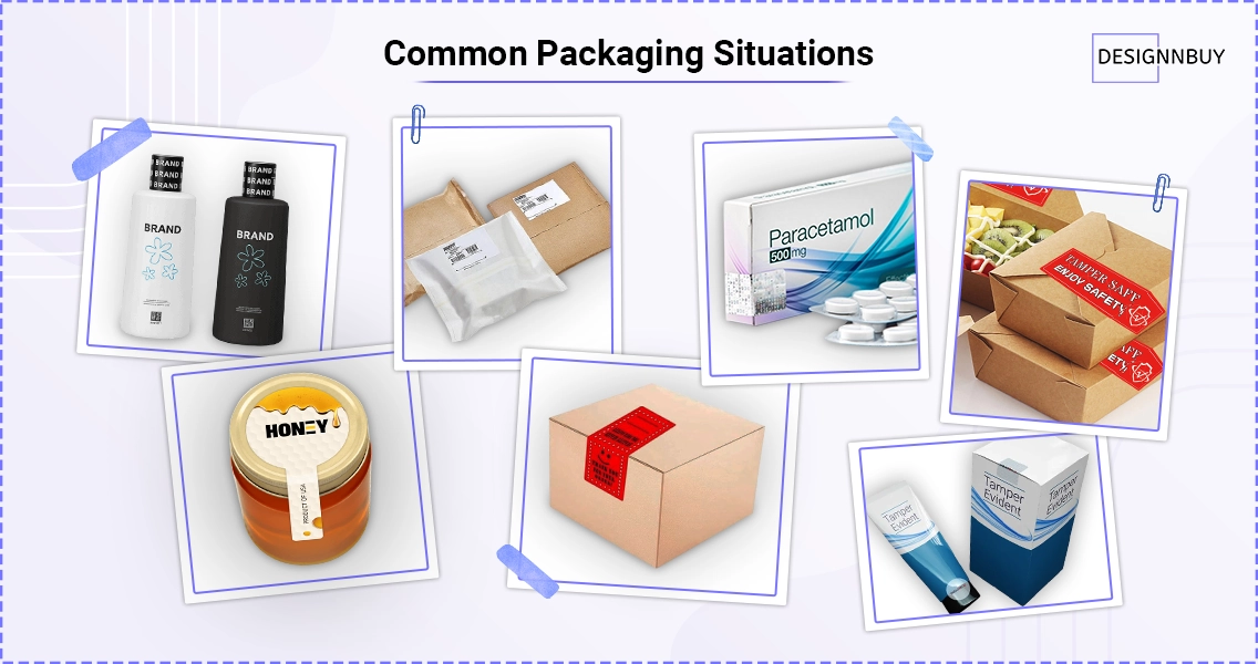 Common packaging situations showing tamper evident labels on bottles, cartons, jars, and shipping boxes