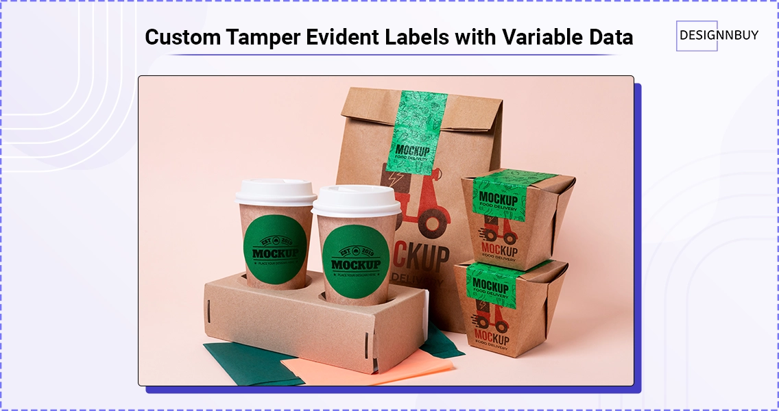 Custom tamper evident labels with variable data applied on food packaging boxes and takeaway containers