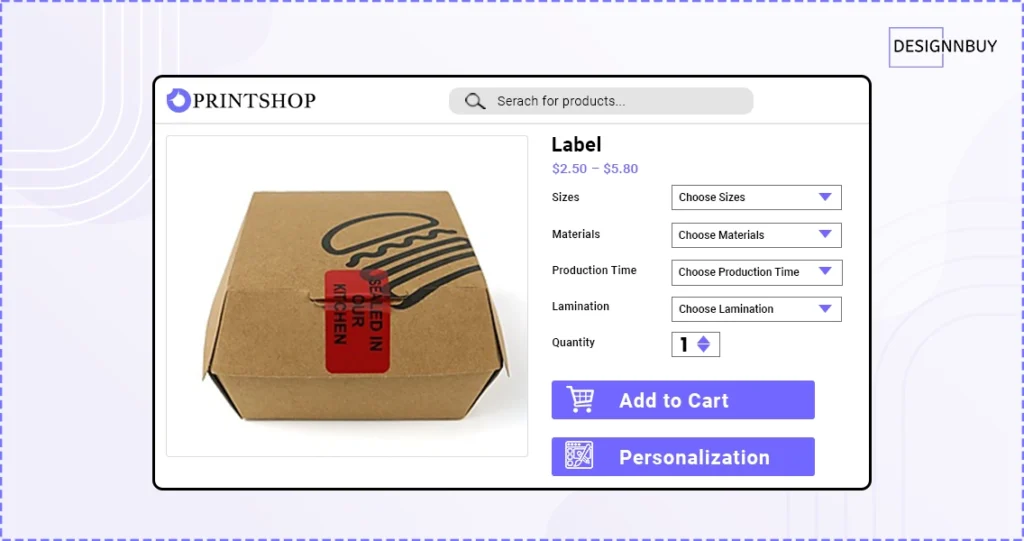 Online label ordering interface showing tamper evident label options for size, material, and quantity selection