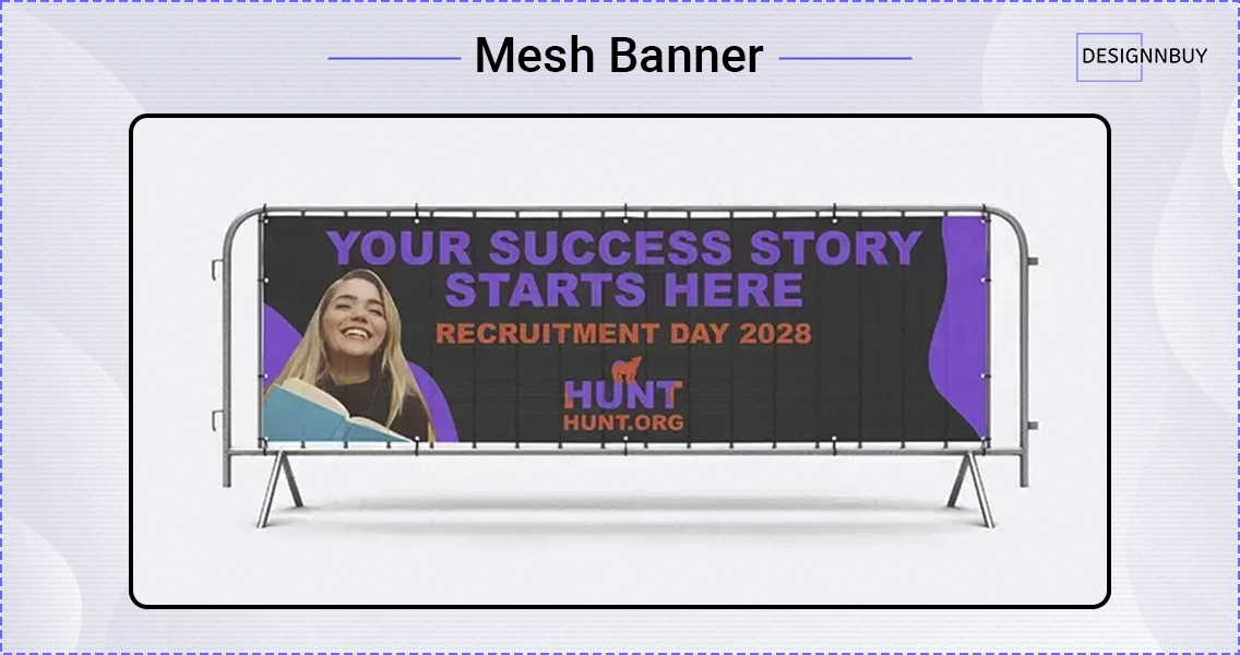 Mesh banner for outdoor recruitment event displayed on metal frame, suitable for windy locations and large format promotions