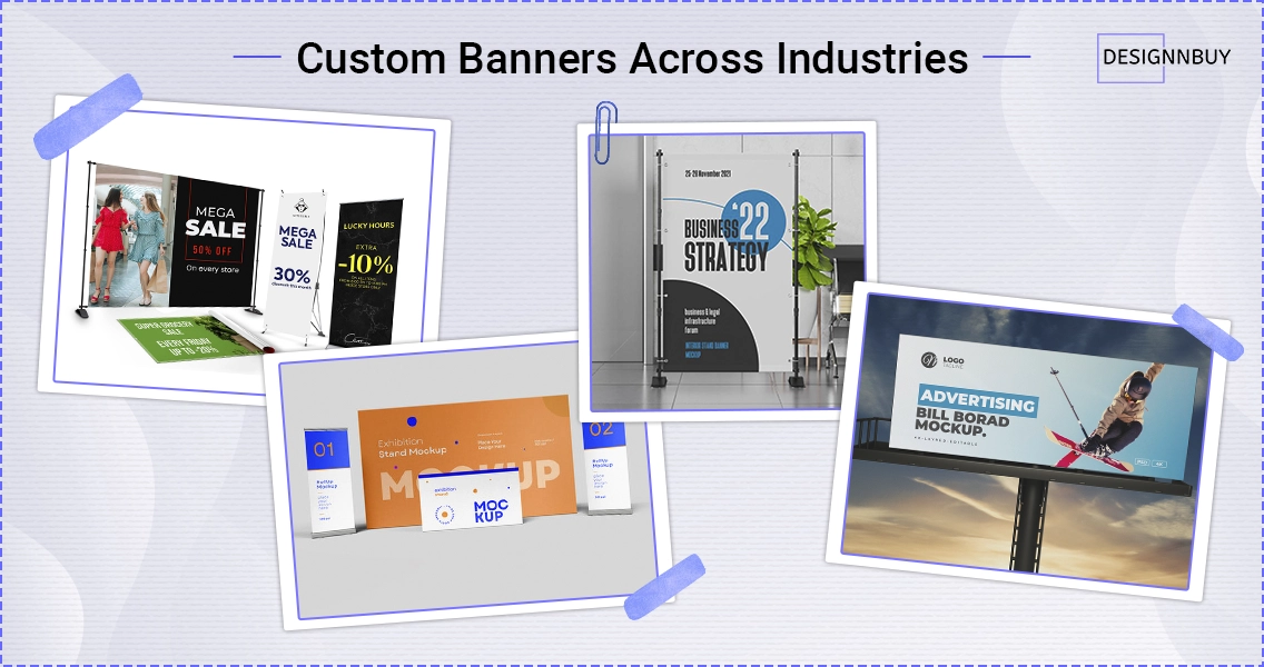 Custom banners across industries including retail sale banner, business event standee, exhibition backdrop, and outdoor billboard display