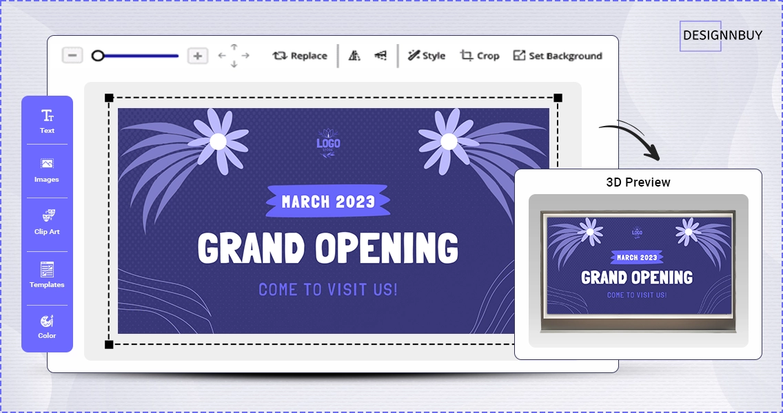 Online banner design tool interface with live editor and 3D preview for custom banner printing online