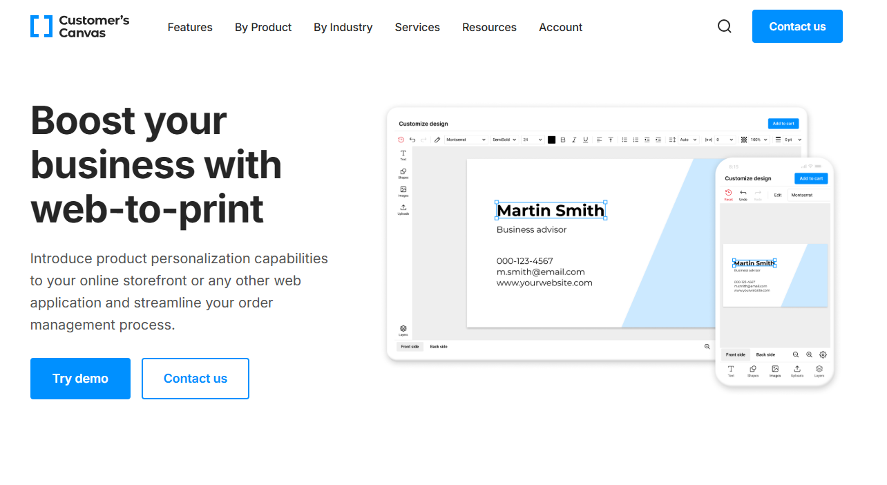 GetPrintBox alternatives featuring Customer’s Canvas product customization editor for online print stores