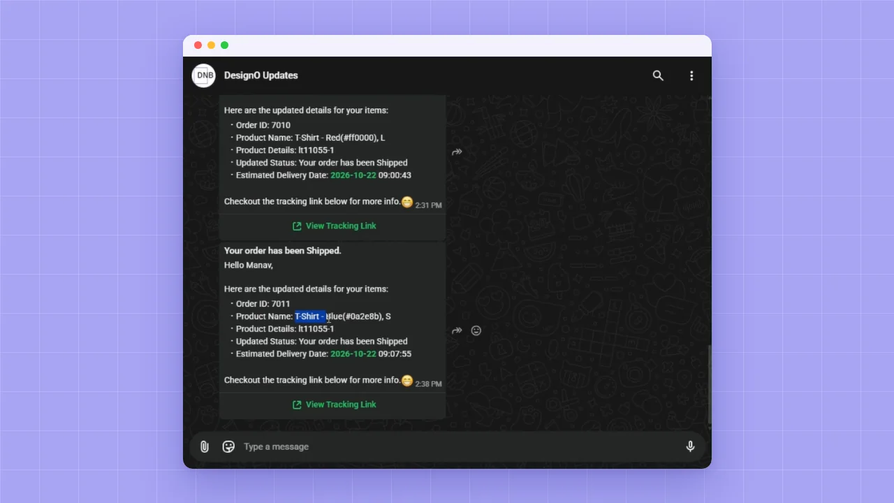 WhatsApp order shipped message with tracking link