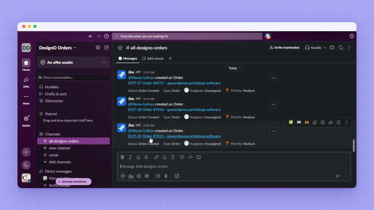 Slack channel showing new order alerts with Jira ticket links