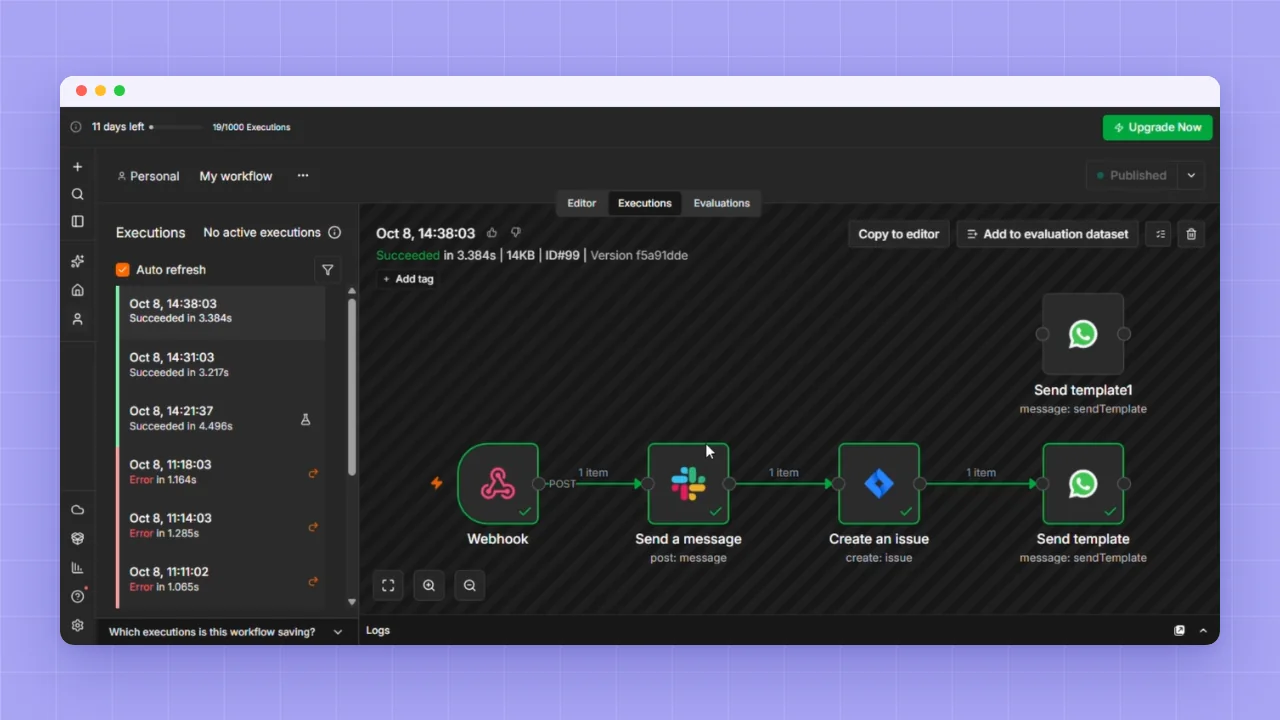 n8n execution log showing the workflow succeeded in 3.4 seconds