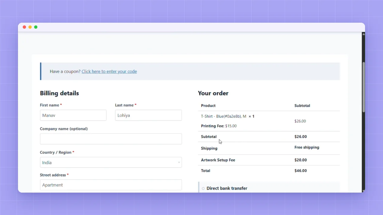 Checkout page showing printing fee and artwork setup fee