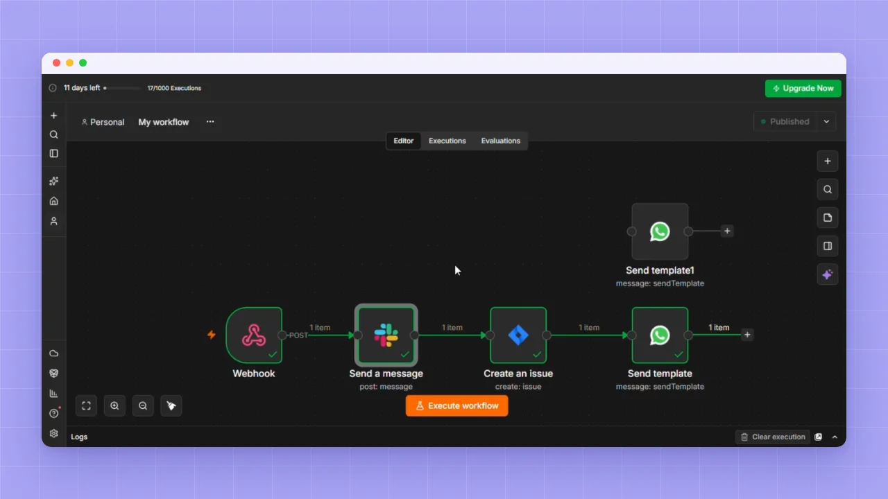 n8n workflow with Webhook, Slack, Jira and WhatsApp nodes