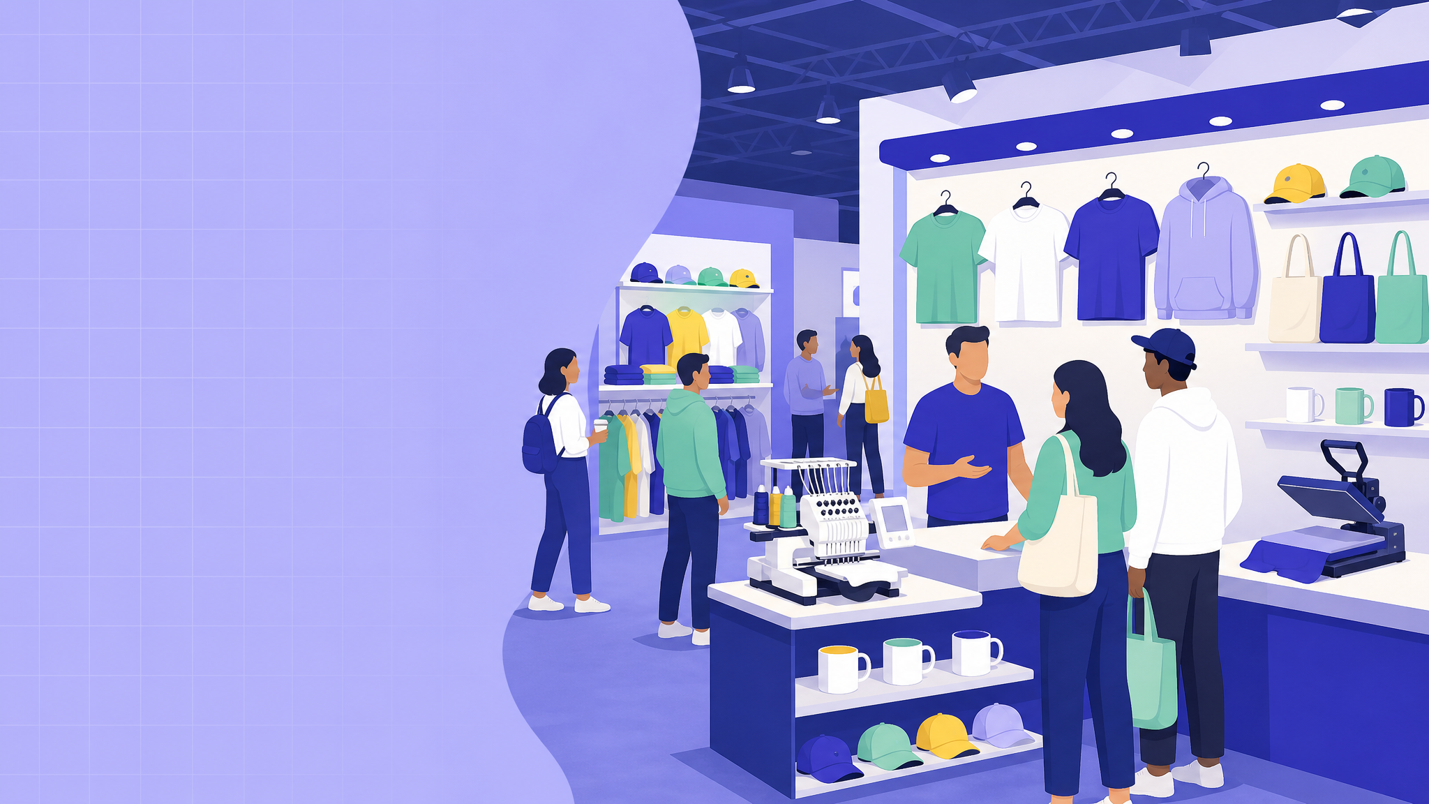 Illustration of a decorated apparel trade show booth with t-shirts, hoodies, caps, mugs and an embroidery machine
