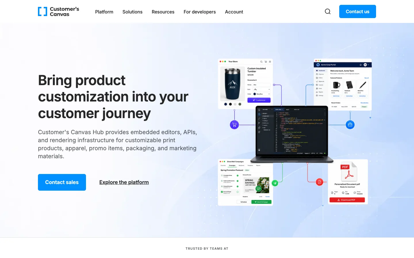 Customer's Canvas homepage showing embedded editors, APIs and rendering infrastructure for custom products