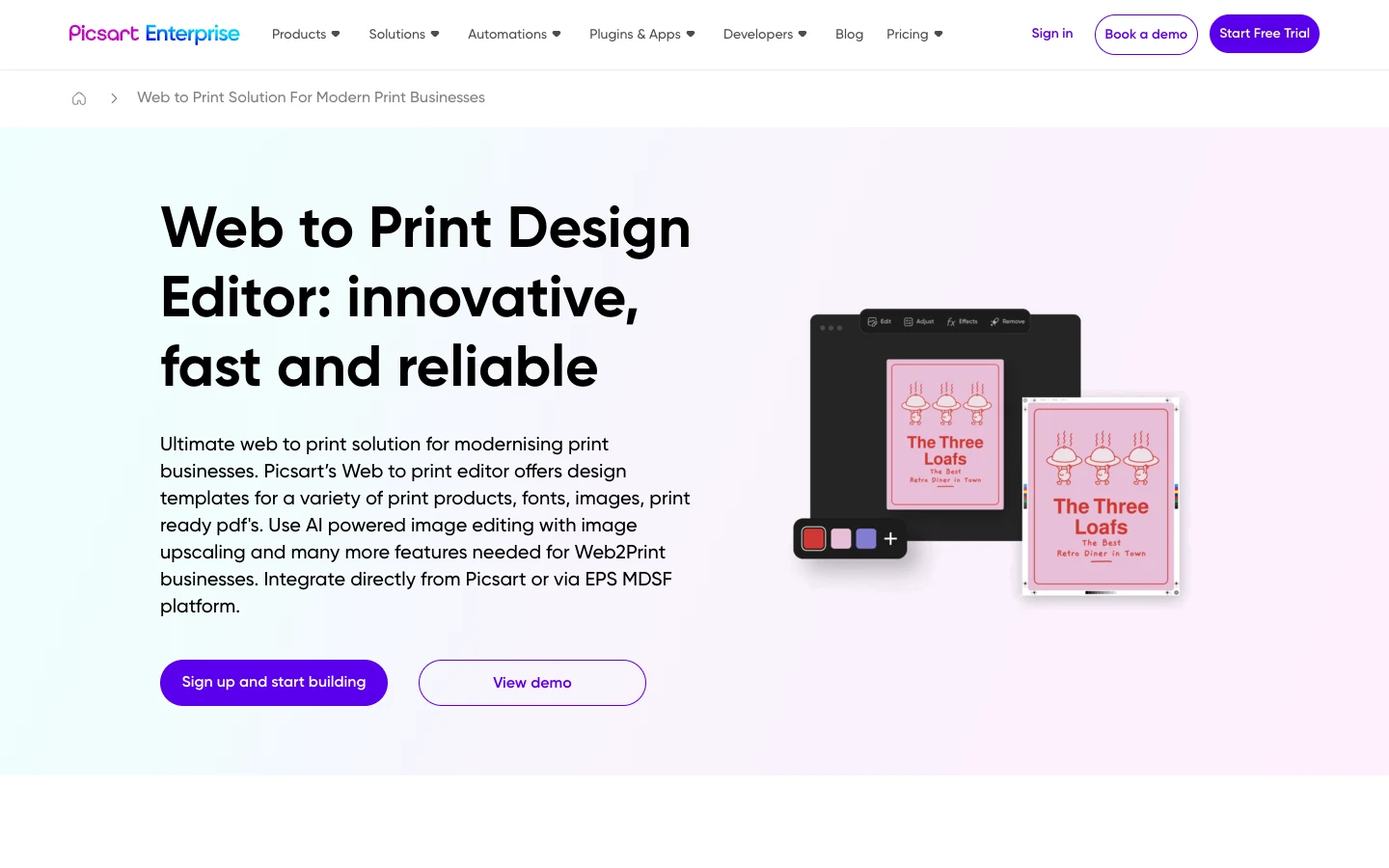 Picsart Web to Print Editor product page for print businesses