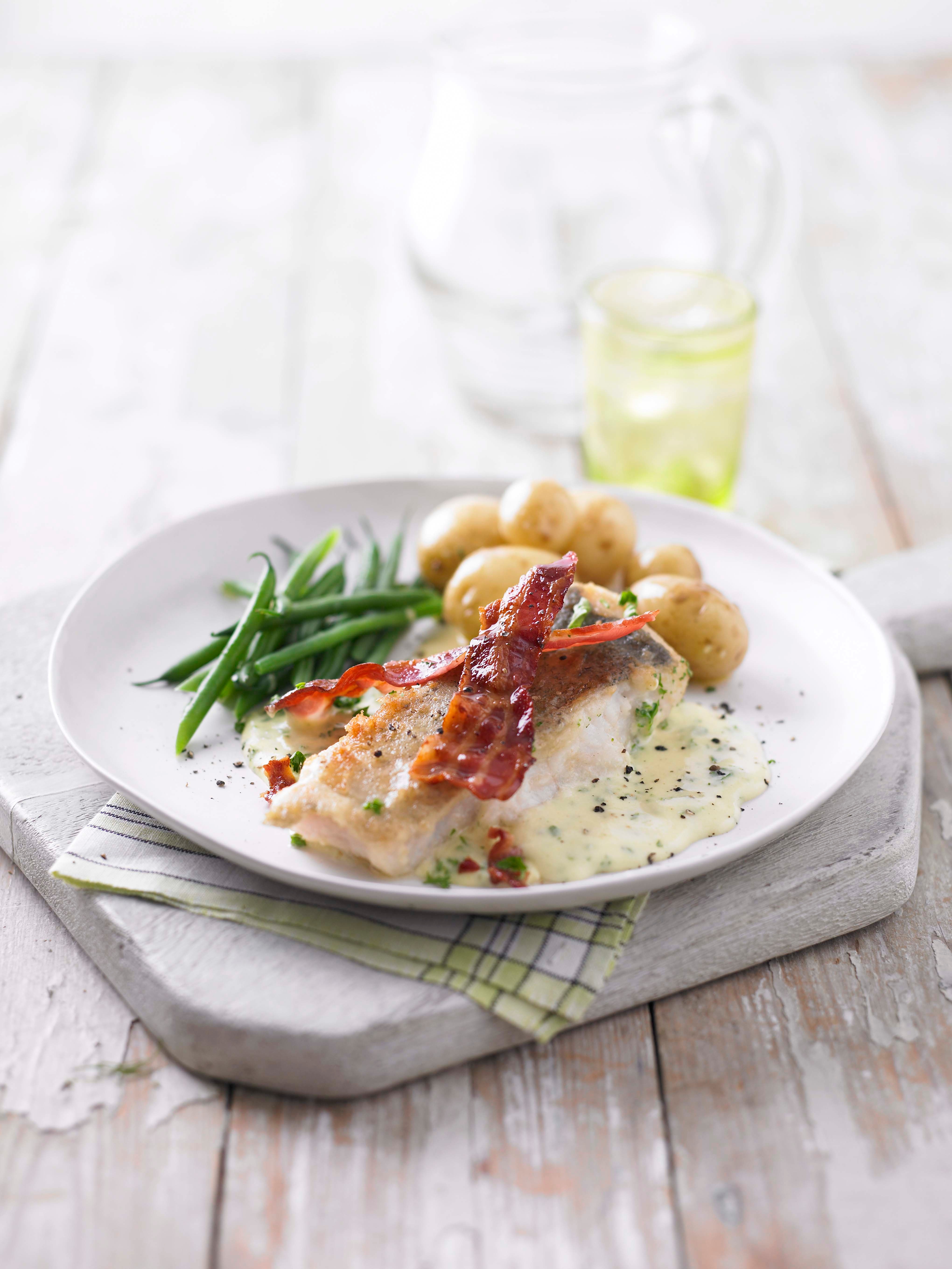 Pollock in bacon and parsley sauce Good Food Channel