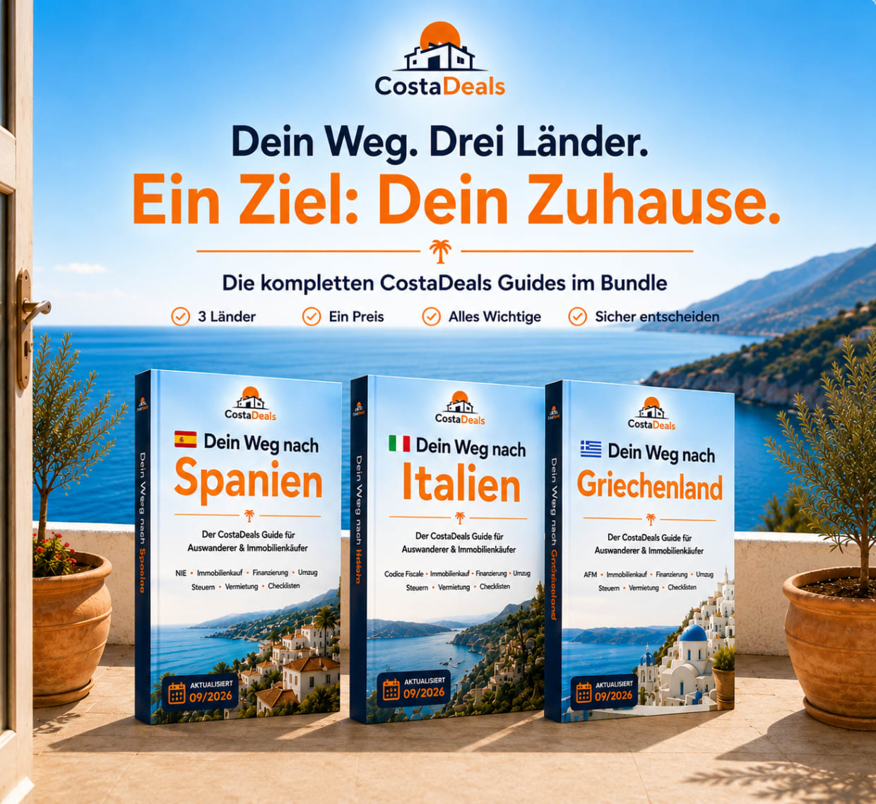 Die drei CostaDeals-Guides für Spanien, Italien und Griechenland nebeneinander auf einer Terrasse am Meer