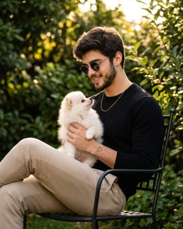 Stylish Man with Fluffy White Pomeranian in Golden Light