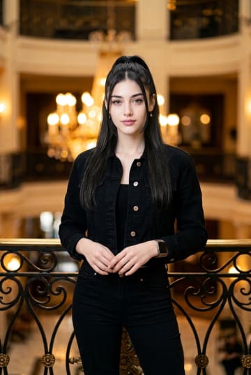 Chic Studio Portrait with Warm Chandelier Ambient Light
