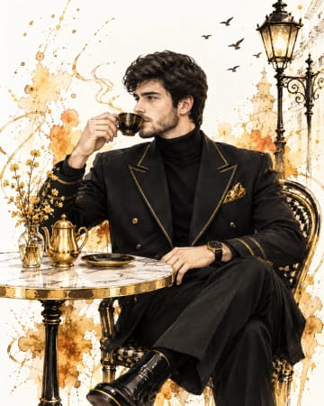 Elegant Gentleman Sipping Coffee Gold Ink Illustration