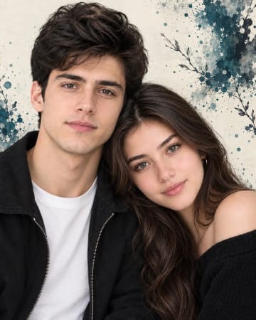 Couple Portrait in Black Outfits with Watercolor Splatter Art