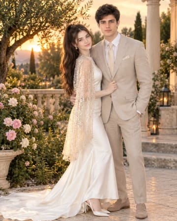Elegant Couple Portrait in Rose Garden at Golden Hour