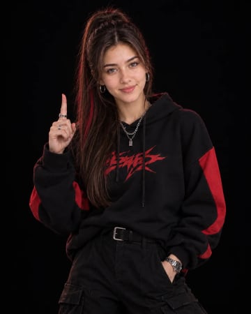 Black Hoodie Red Graphic Studio Fashion Portrait Low-Key AI Prompt