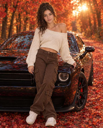Autumn Red Leaves Black Muscle Car Lifestyle Portrait AI Prompt