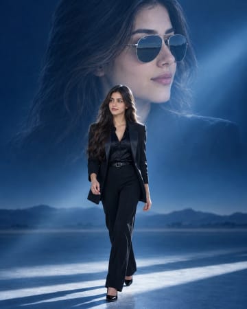 Navy Blue Double Exposure Pantsuit Poster Aviator Profile Spotlight AI Prompt