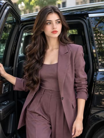 Mauve Pantsuit Executive Portrait Stepping From Luxury SUV