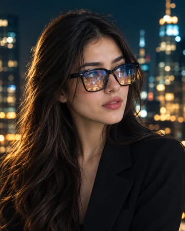 Night City Skyline Reflection Glasses Cinematic Close-Up Portrait Black Blazer AI Prompt