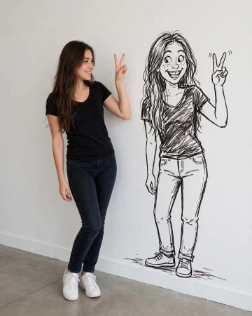 Realistic Portrait with Cartoon Doodle Shadow Mirror on Wall AI Prompt