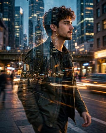 Double Exposure Walking Man Portrait AI Prompt
