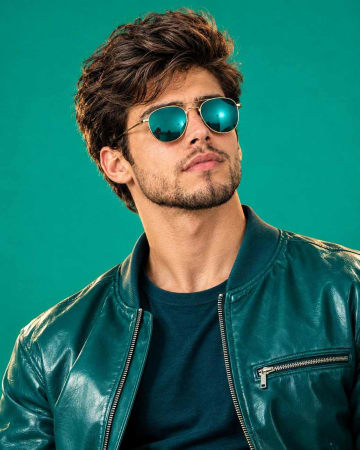 Teal Leather Bomber Jacket Mirror Sunglasses Portrait