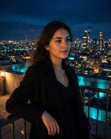 Cinematic Night Rooftop City Skyline Portrait AI Prompt