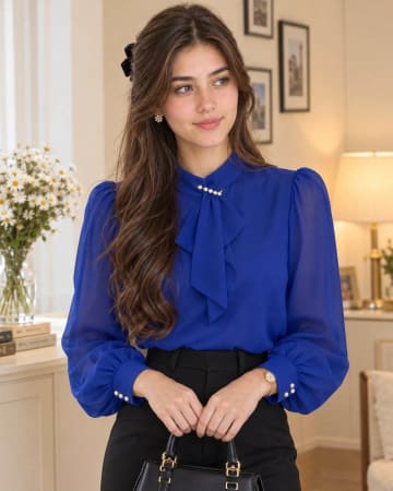 Elegant Woman in Royal Blue Bow Blouse Indoor Portrait