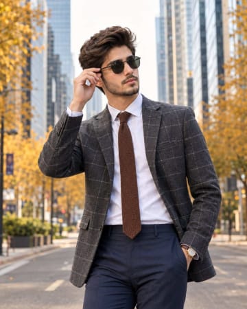 Stylish Man in Grey Check Blazer on City Street Portrait