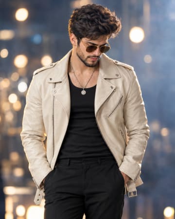 Man in Cream Leather Biker Jacket Night Portrait