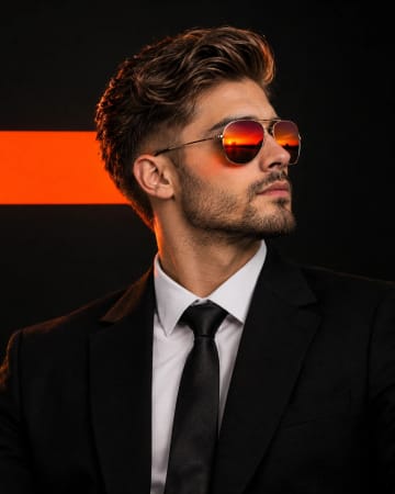 Man in Black Suit with Sunset Sunglasses Studio Portrait