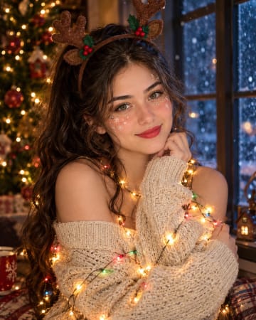 Christmas Woman with Reindeer Headband and Fairy Lights Portrait