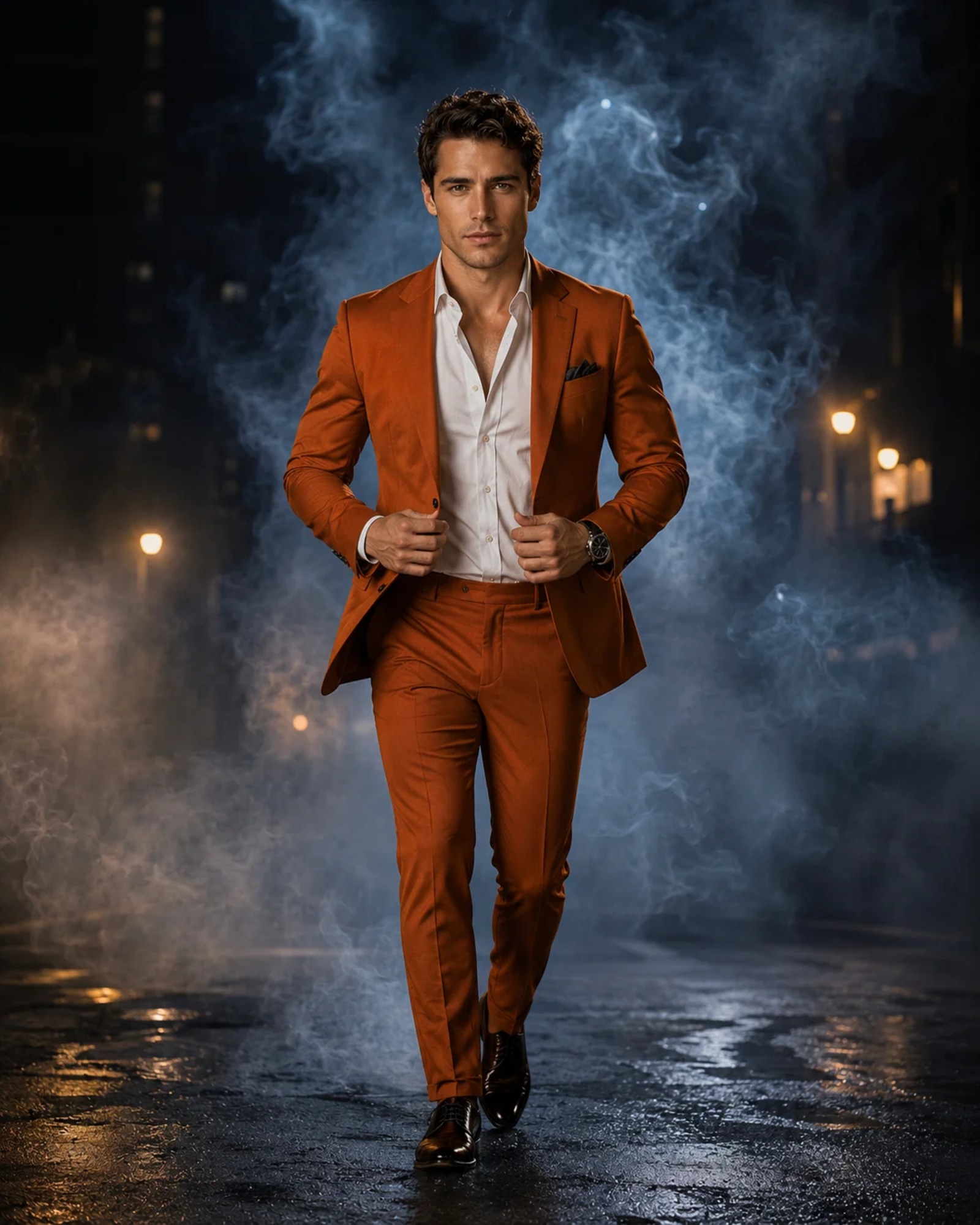 Burnt Orange Suit Cinematic Walking Portrait AI Prompt