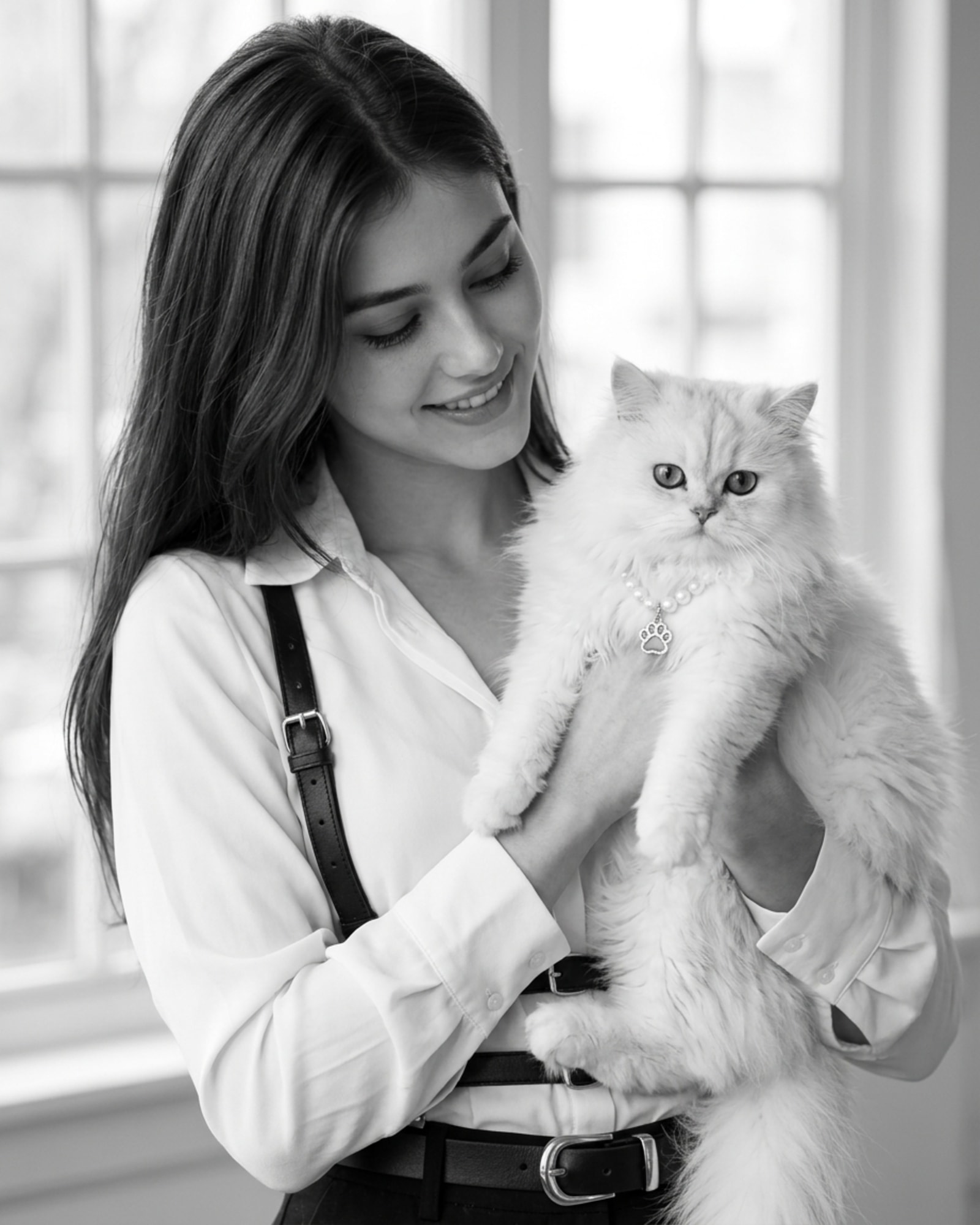 Fluffy white Persian cat with pearl necklace held by woman, black and white portrait