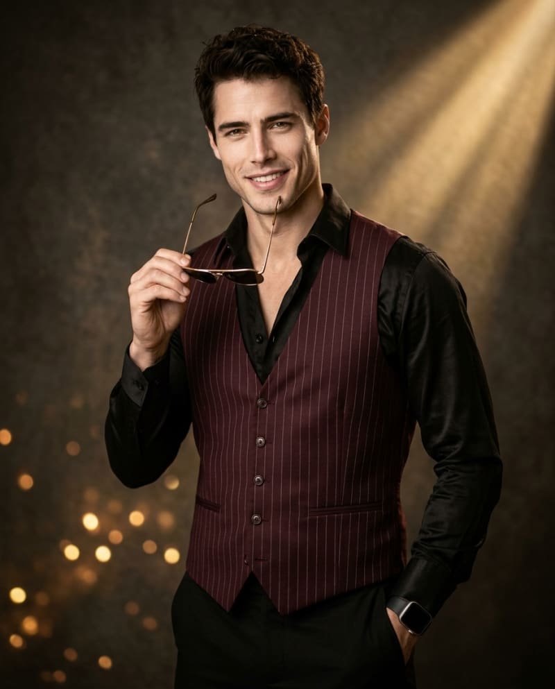 Man in red waistcoat with sunglasses, cinematic golden lighting portrait