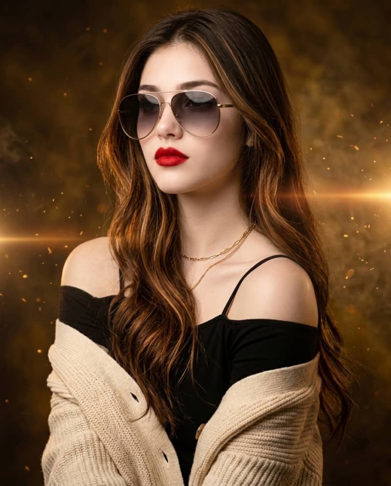 Woman with wavy brown hair wearing aviator sunglasses, red lipstick, gold necklace, and a cream cardigan over a black top, set against a glowing amber background with soft smoke and light particles.