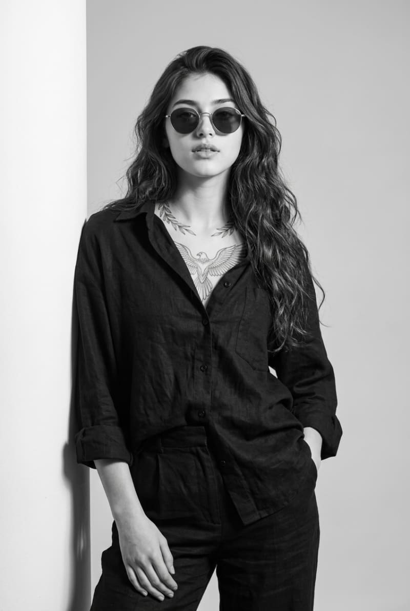 Black and white studio portrait of a woman with long dark hair, round sunglasses, visible chest tattoos, and an oversized black shirt, leaning against a white pillar with dramatic side lighting.