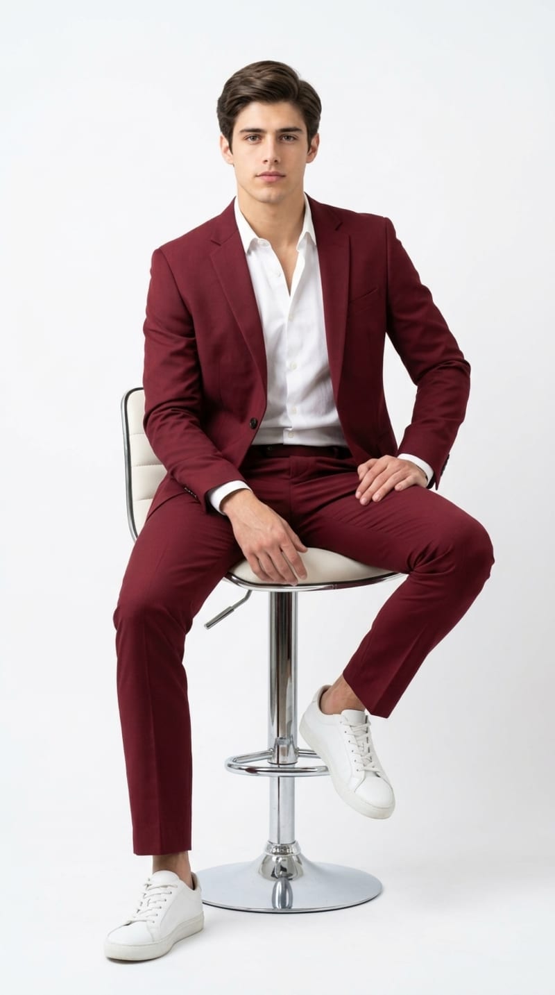Man in tailored red suit and white sneakers sitting on bar stool against white studio background, editorial-style magazine cover portrait.