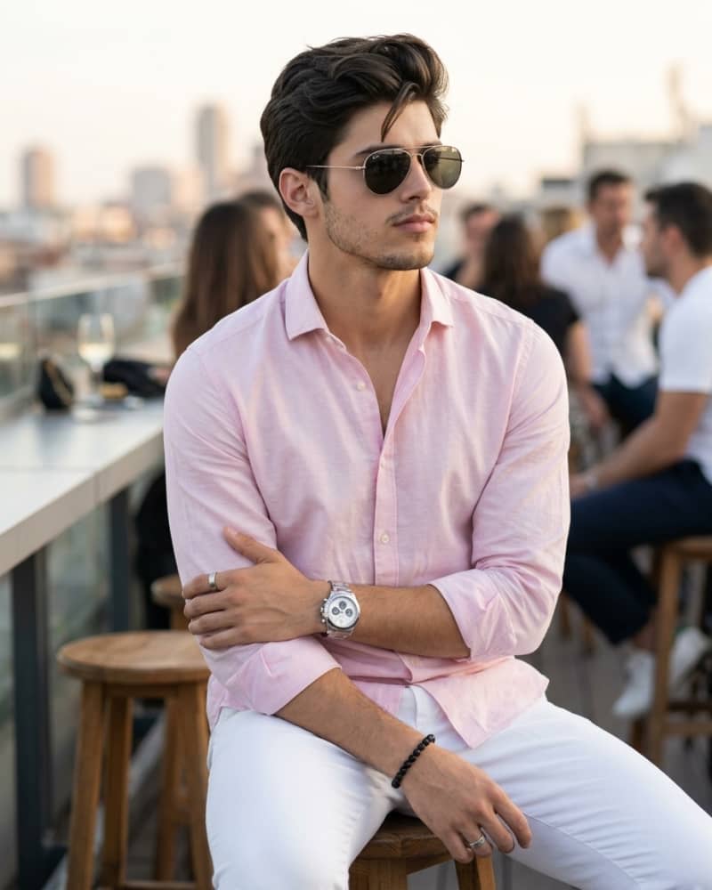 Stylish young man in a pink shirt and white trousers sitting confidently on a rooftop terrace, wearing sunglasses and a wristwatch, with a blurred city background.