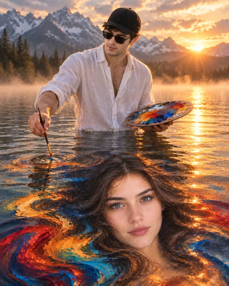 Bearded man in white shirt painting with a palette in a mountain lake at sunrise, with a woman's face emerging from swirling oil-paint colored water below him.